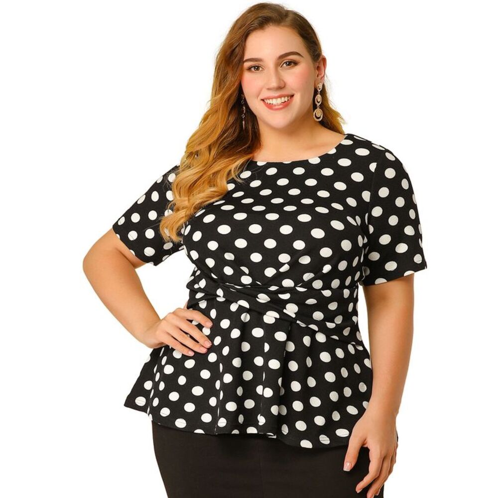 Women's Plus Size Short Sleeves Twisted Knot Front Peplum Tops Black White